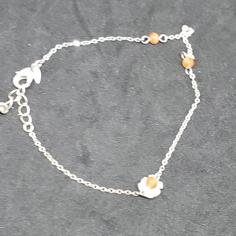Avon Silver Tone Flower Bead Anklet Orange Cat's